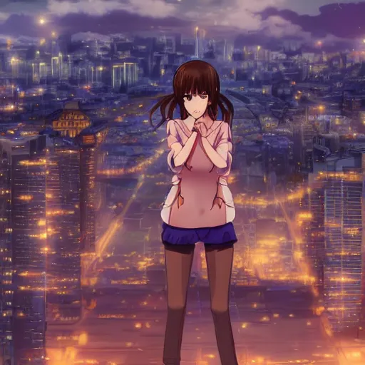 Image similar to Beautiful brunette anime girl with a gorgeous eyes is staring into the camera with a look of all as the city behind her collapses, award winning anime cartoon still, extremely detailed, extremely artistic, trending on art station