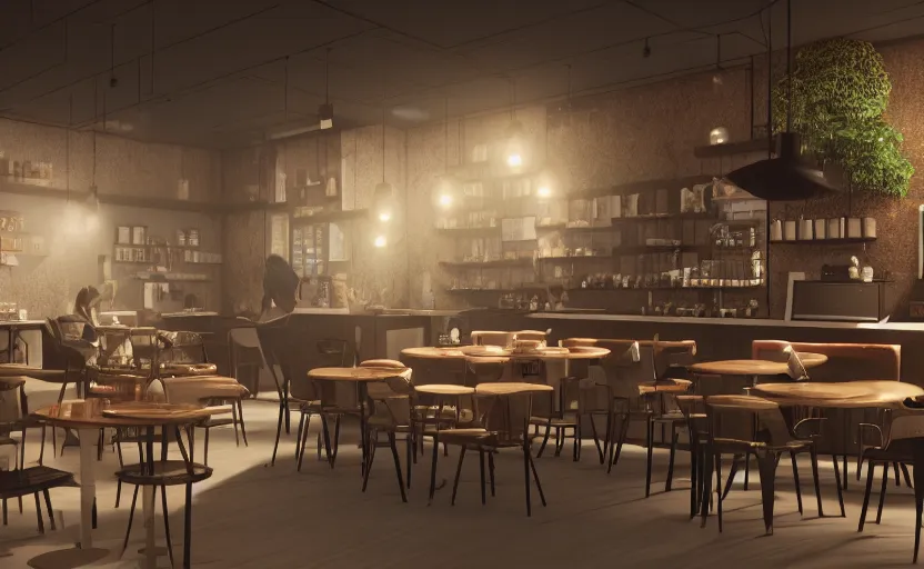 Image similar to a coffe shop, octane render, artstation trending, highly detailded