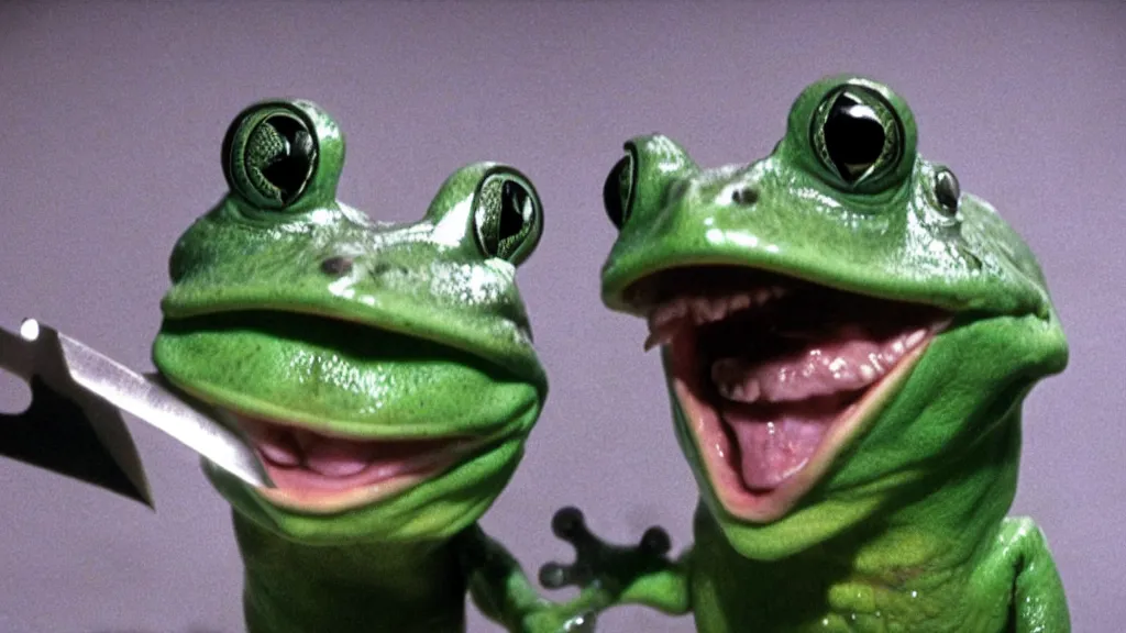 Prompt: a humanoid frog laughing maniacally and holding a knife, by Paul Oz and John Carpenter, movie still directed by Ridley Scott and cinematography by Ari Aster