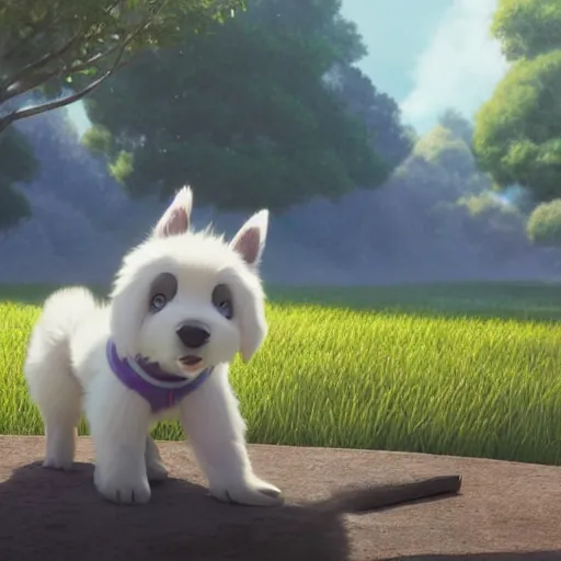 Prompt: a wholesome animation key shot of a gray australian shepherd puppy, studio ghibli, pixar and disney animation, sharp, rendered in unreal engine 5, anime key art by greg rutkowski, bloom, dramatic lighting