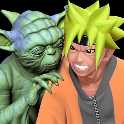 Prompt: 3 d render yoda kissing naruto uzumaki