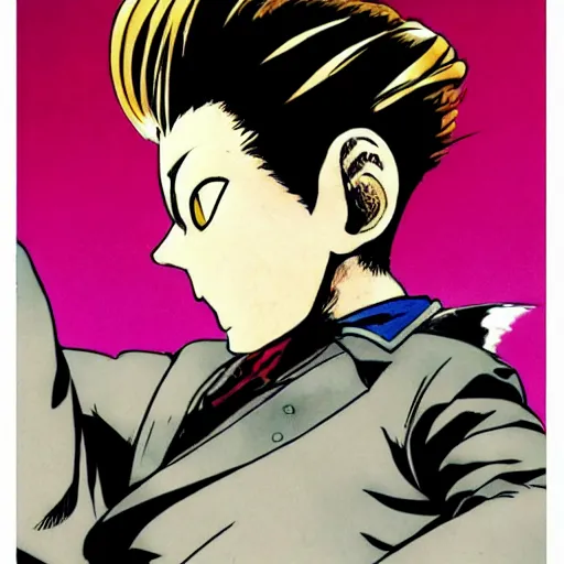 Image similar to young boy angry with pompadour hair, art by katsuhiro otomo, tetsuo hara, hirohiko araki, jotaro kujo, banchou, action pose, manga cover