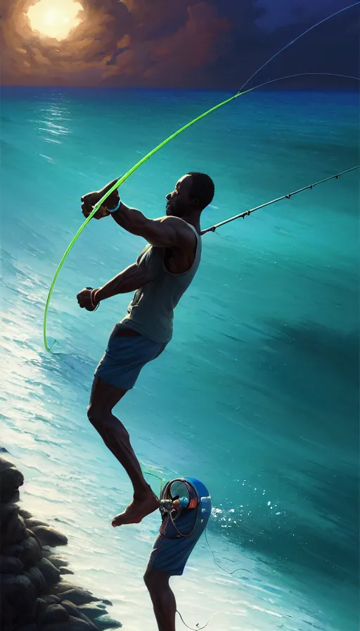 Image similar to highly detailed portrait of one athletic modern jamaican man fishing with a magical glowing fishing rod weapon, ocean background, unreal engine, fantasy art by greg rutkowski, loish, rhads, makoto shinkai and lois van baarle, ilya kuvshinov, rossdraws, tom bagshaw, global illumination, radiant light, detailed and intricate environment