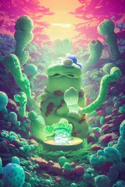 Image similar to roots cactus sushi cristal smurf ghost creature animal sushi cristal very big eye roots cactus elemental flush of force nature micro world fluo fishscale, behance hd by jesper ejsing, by rhads, makoto shinkai and lois van baarle, ilya kuvshinov, rossdraws radiating a glowing aura global illumination ray tracing hdr