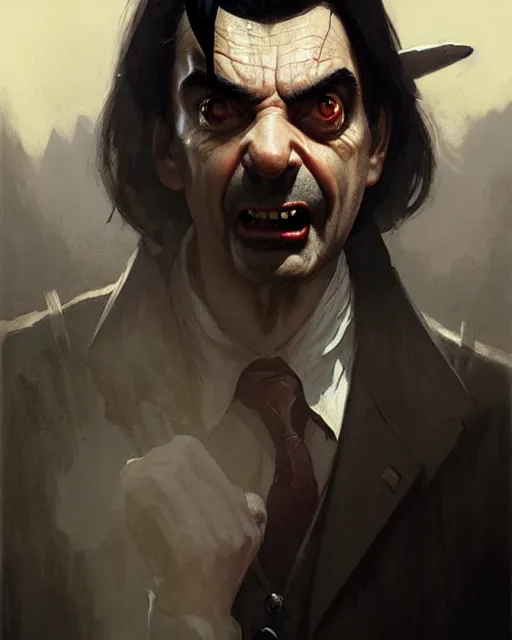 Image similar to mr bean vampire hunter, fine details, realistic shaded lighting poster by greg rutkowski, magali villeneuve, artgerm, jeremy lipkin and michael garmash and rob rey