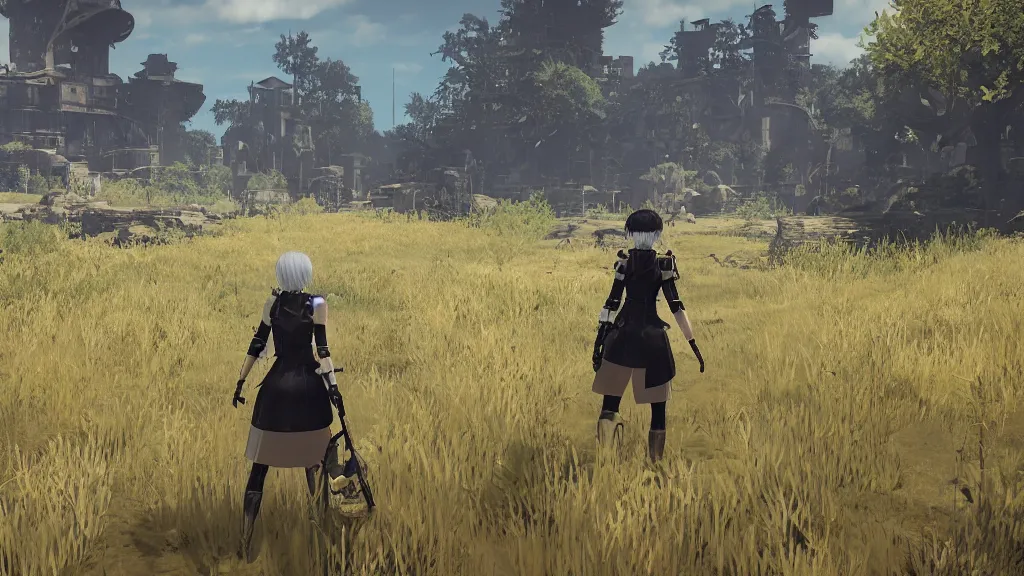 Image similar to Screenshot from Nier Automata in a beautiful countryside field