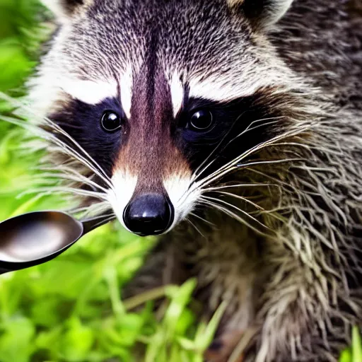 Prompt: raccoon with a spoon, hd photography