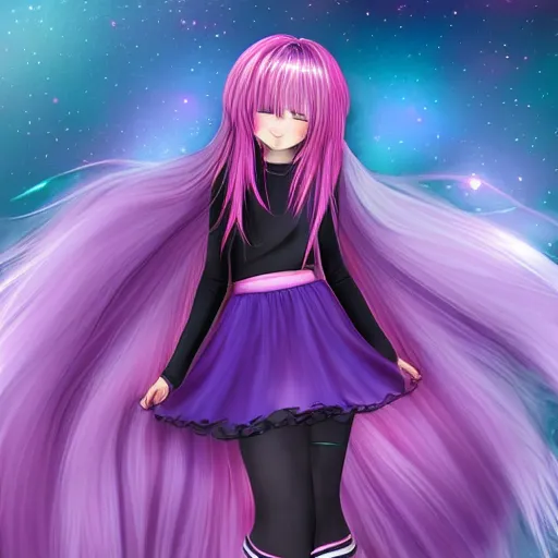 Prompt: girl with short wavy pink-purple hair with bangs, wears a black headband, has long eyelashes with dark eyes and smiling faintly, wears a long-sleeved blue blouse with frills, a long pink flare-skirt. looking sideways. Dark Digital art