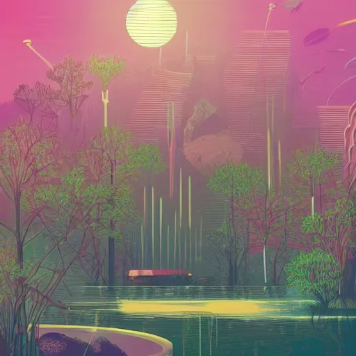 Prompt: beautiful happy picturesque charming organic futuristic sci - fi town in harmony with nature. water and plants. beautiful light. grainy and rough. soft colour scheme. beautiful artistic vector graphic design printed matter by lurid. ( 2 0 2 2 )