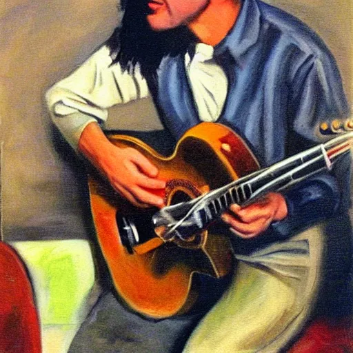 Image similar to John Sebastian playing music on stage in 1967, oil painting