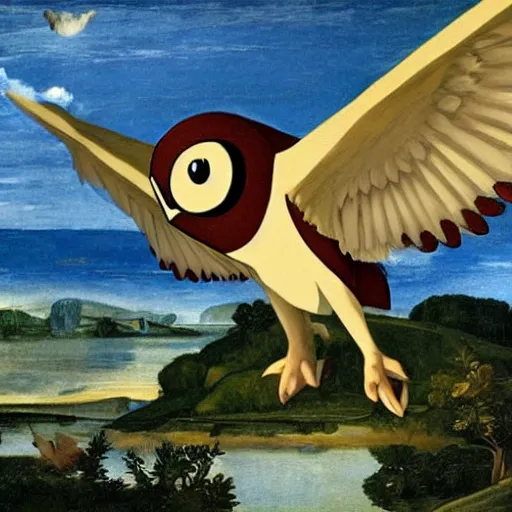 Image similar to Pokemon Noctowl flying above a lake painted by Caravaggio. High quality.