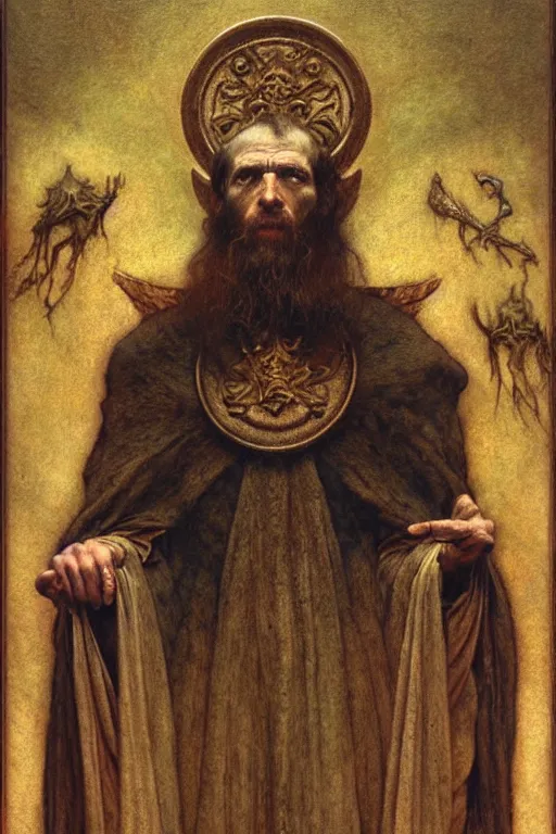 Image similar to a portrait of st cyprian by wayne barlowe, gustav moreau, goward,  Gaston Bussiere and roberto ferri, santiago caruso, and austin osman spare, ((((occult art))))