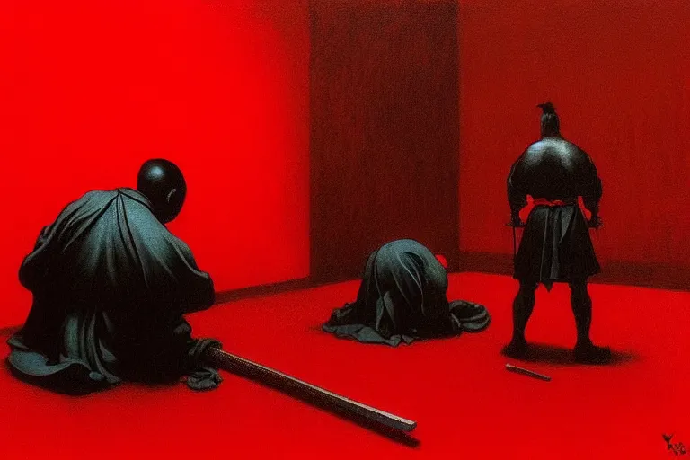 Image similar to only with red, a red samurai harakiri, tokio, a lot of frogs watch, in the style of beksinski, parts by edward hopper, parts by rodcenko, parts by yue minjun, intricate and epic composition, red by caravaggio, insanely quality, highly detailed, masterpiece, red light, artstation, 4 k