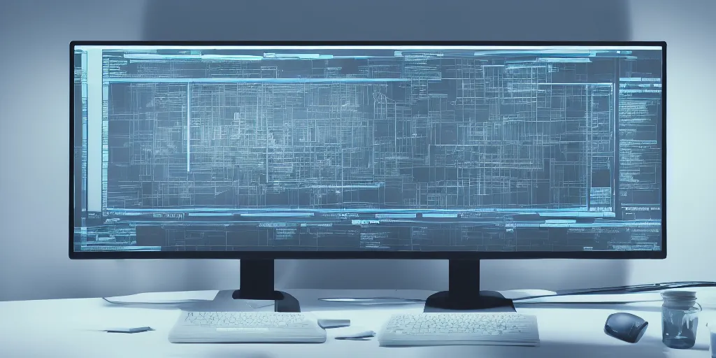 Image similar to cinematic macro photograph of a orwellian desktop monitor in an urban office setting with graphs shown as blueprints and schematic drawings on the screen, ultra realistic, by cedric peyravernay, by kilian eng, intracate detail, digital painting, minimal art style, mirrors edge art style, cinematic lighting, artstation, cgsociety, octane render, 3 5 mm film grain