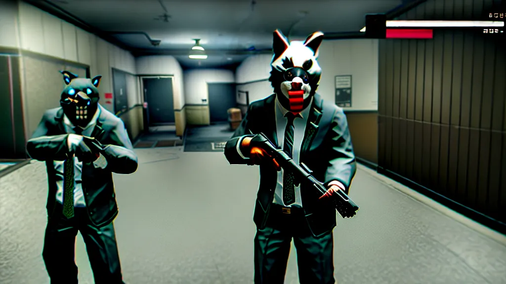 Image similar to Screenshot from the PC game Payday 2 demonstrating the fursuit unlock