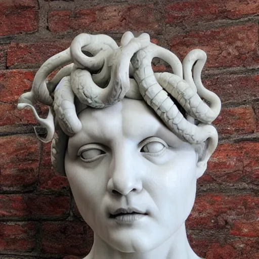 Prompt: medusa sculpture hyperrealistic style made by michelangelo, made with carrara marble