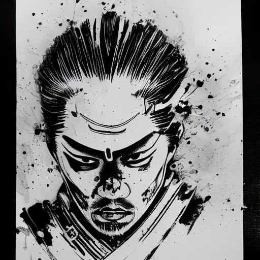 Image similar to intricate, realistic ink drawing of a samurai in a splash of ink, 8 k