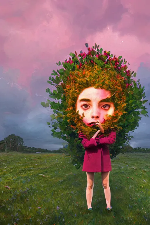 Image similar to portrait, giant flower head, a girl with coat between hedges, surreal photography, wind and cold, dramatic sky, impressionist painting, digital painting, artstation, simon stalenhag