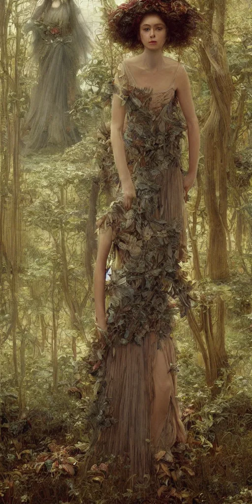 Prompt: dress made of leaves, masterpiece by Edgar Maxence and Ross Tran and Michael Whelan, gustav dore, carravaggion, realistic fantasy, establishing shot, 8k, octane render, moonbeams