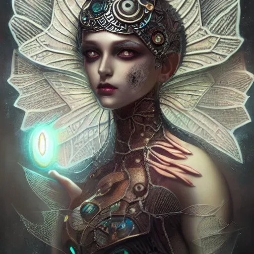 Image similar to realistic illustration of a beautiful rusted mechanical faerie queen with glowing eyes, moth wings with geometric patterns, reflective detailed textures, highly detailed dark fantasy science fiction painting by tom bagshaw and diego rivera, silver and cool colors, artstation