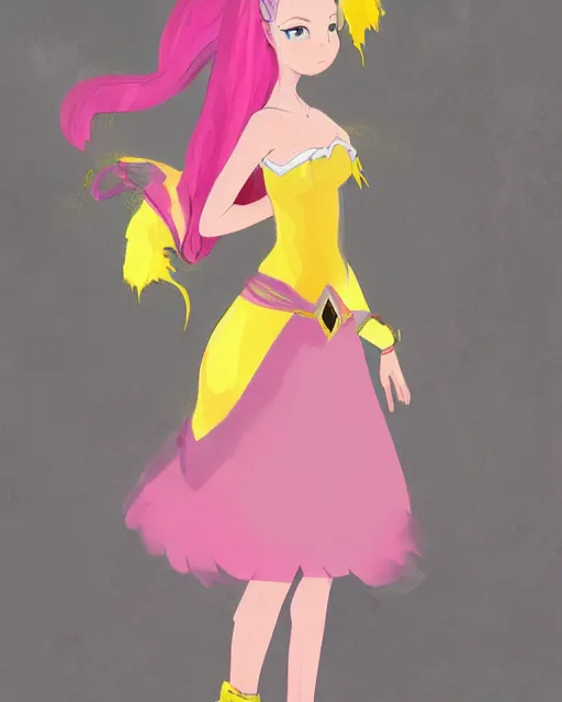 Prompt: concept art of a princess, she has pink hair and a yellow crown, anime art, digital painting, hd, smooth, full body shot, tran ross