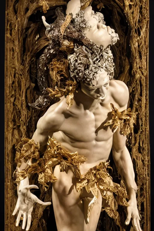 Prompt: a cinematic view of a ornated intricate mystic faun statue made by hedi xandt, chris haas and bernini, realistic, macabre art, covering his hip with a wrapped black old fabric veil, using few gold ornaments detailed image, volummetric light