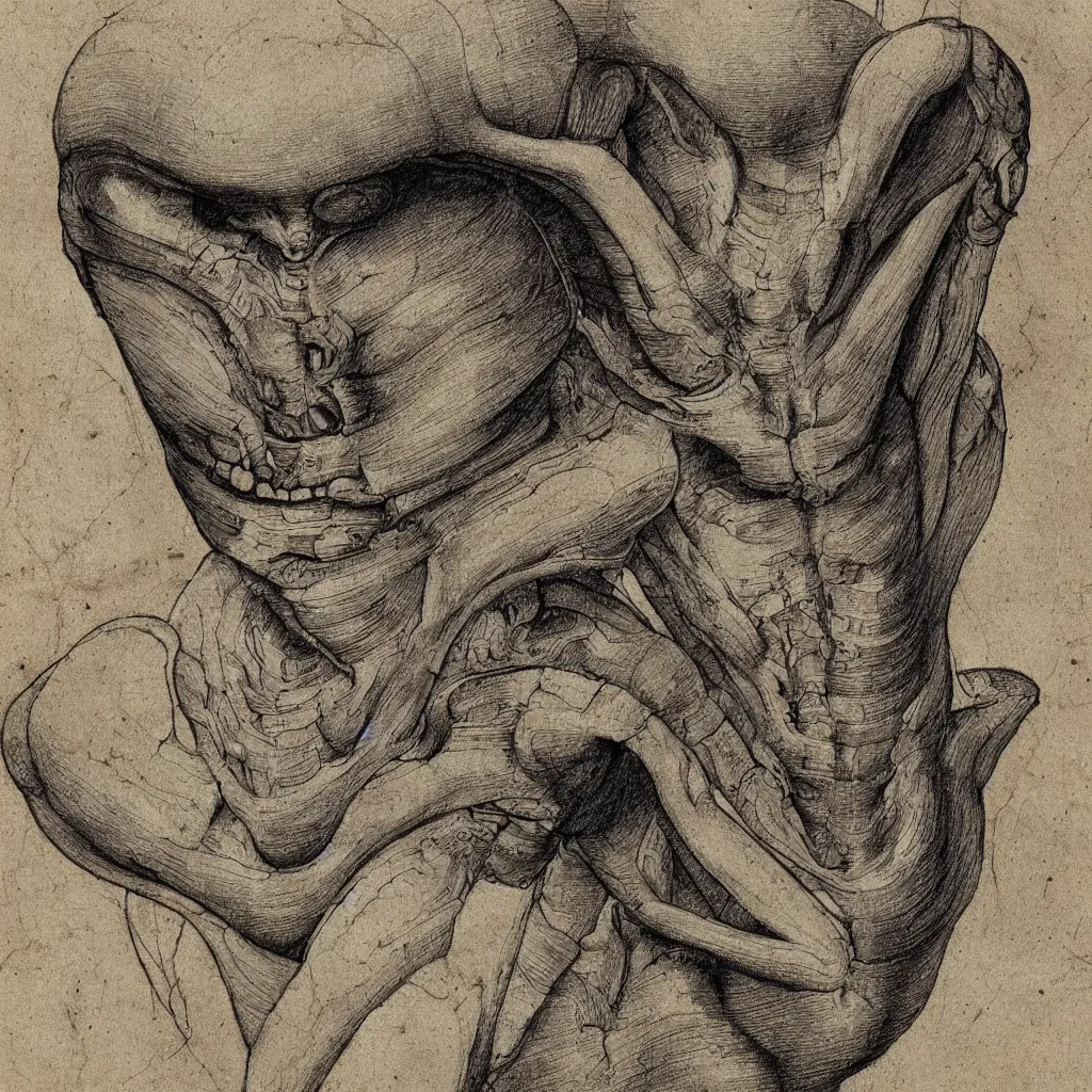 Image similar to detailed anatomical drawing of an alien by leonardo da vinci, 8 k