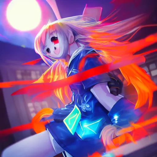 Image similar to Splash art Anime loli, blond hair with pigtails, blue coat and black shorts, she flies by using blue neon powers through the city. Cinematic sunset, faint orange light. Amazing piece Trending on Artstation. Yumei style