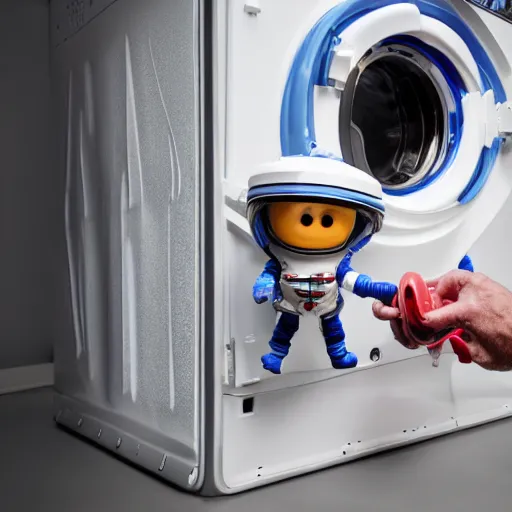 Image similar to Photograph of a terrified toy astronaut being washed in a washing machine. 8k resolution.