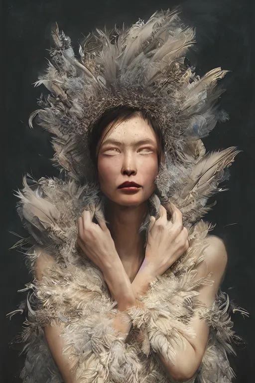 Image similar to A fancy portrait of a women covered in feathers by Greg Rutkowski, beeple, Sung Choi, Mitchell Mohrhauser, Maciej Kuciara, Johnson Ting, Maxim Verehin, Peter Konig, final fantasy, macro lens, 35mm, 8k photorealistic, cinematic lighting, HD, high details, dramatic, dark atmosphere, trending on artstation