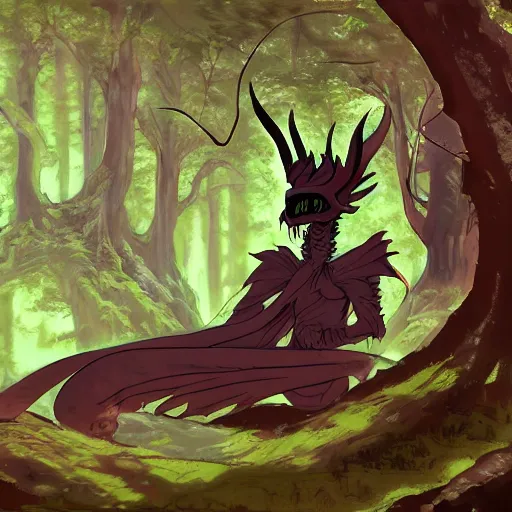 Image similar to concept art painting of an anthropomorphic dragon king with black robes, a long neck, and skull mask, in a deep forest, cel shaded, in the style of makoto shinkai and james gurney and studio ghibli and moebius