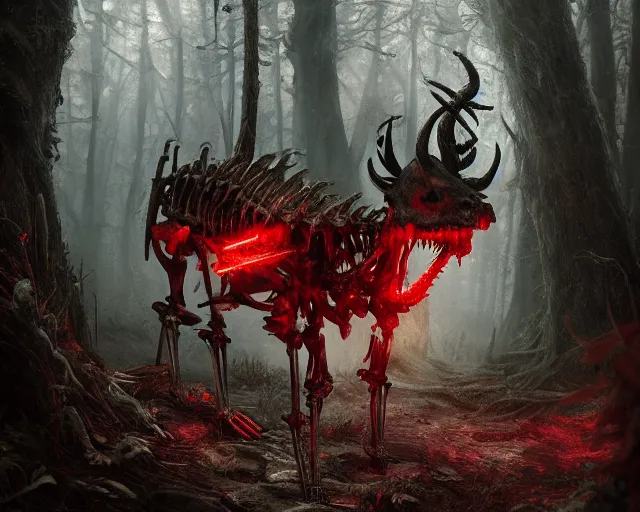 Image similar to 5 5 mm portrait photo of an armored demonic rat skeleton with horns and red eyes, in a magical forest. magical atmosphere. art by greg rutkowski. highly detailed 8 k. intricate. lifelike. soft light. nikon d 8 5 0.