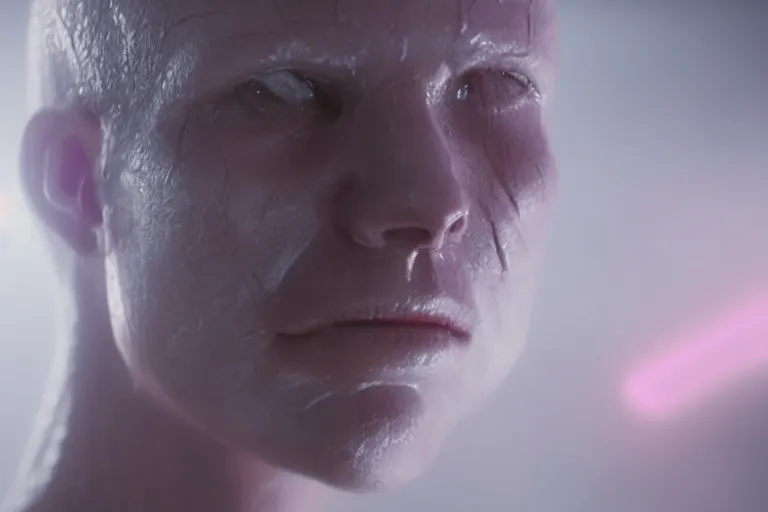 Prompt: vfx film closeup, vapor wave space pirate destiny prototype technology, blade runner mad max cyborgs, translucent skin revealing skull, biotech thief, flat color profile low - key lighting award winning photography arri alexa cinematography, hyper real photorealistic cinematic beautiful natural skin, famous face, atmospheric cool colorgrade