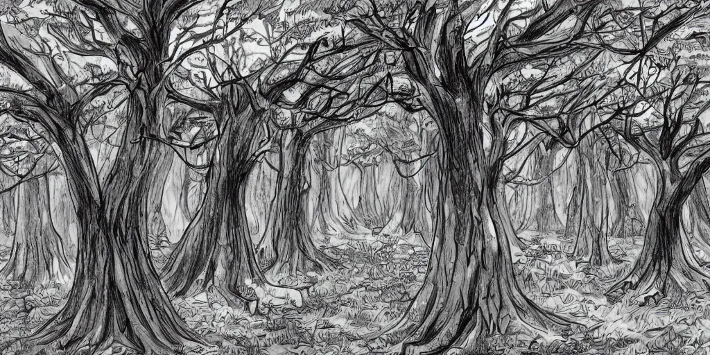 Image similar to graveyard of trees, Manga art sketch