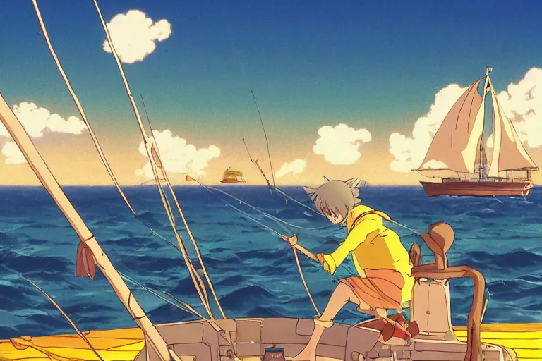 Prompt: sailor cat in a yellow raincoat and an eyepatch sailing a fishing boat through a tropical archipelago, morning sunrise, clouds, beautiful, summer, calm, studio ghibli, art by hayao miyazaki, makoto shinkai