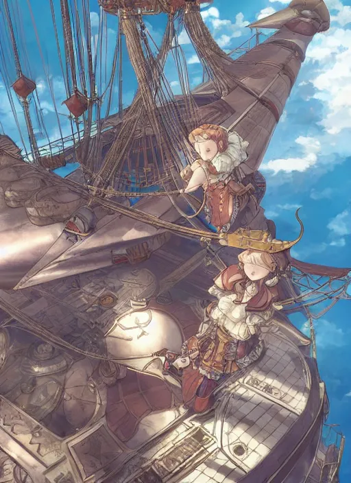 Image similar to character portrait of the pearl herald on an airship, hidari, color page, tankoban, 4K, tone mapping, Akihiko Yoshida.