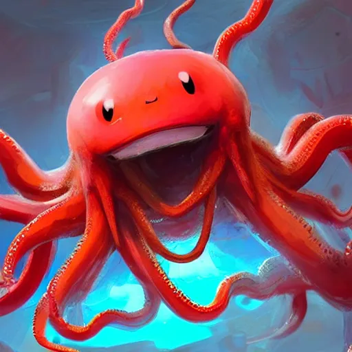 Image similar to a cute beautiful stone - type pokemon with beautiful happy smile, red tentacles bursting out of his hair, full body portrait, highly detailed digital art, 3 d perspective, award - winning illustration, aesthetic, smooth, pokemon style, made by greg rutkowski, with an alien landscape in the background