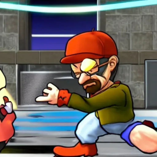 Image similar to a cartoon walter white fighting in smash bros.