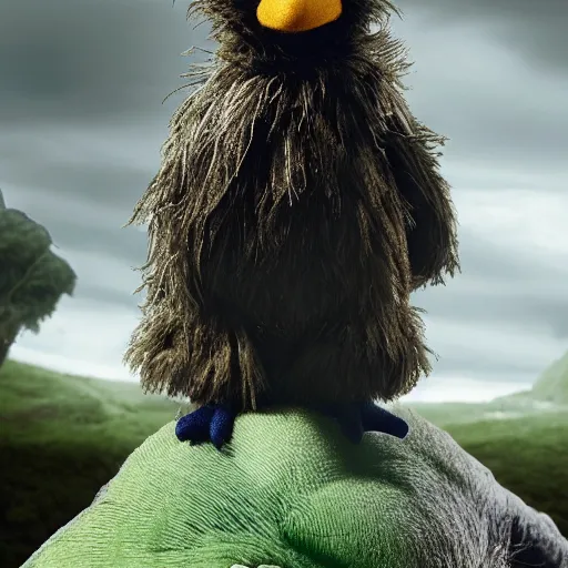 Prompt: big bird from sesame street is tiny and on the back of frodo the hobbit from lord of the rings, hyperrealistic, clean and pristine design, cinematic composition, dramatic lighting, 8 k,