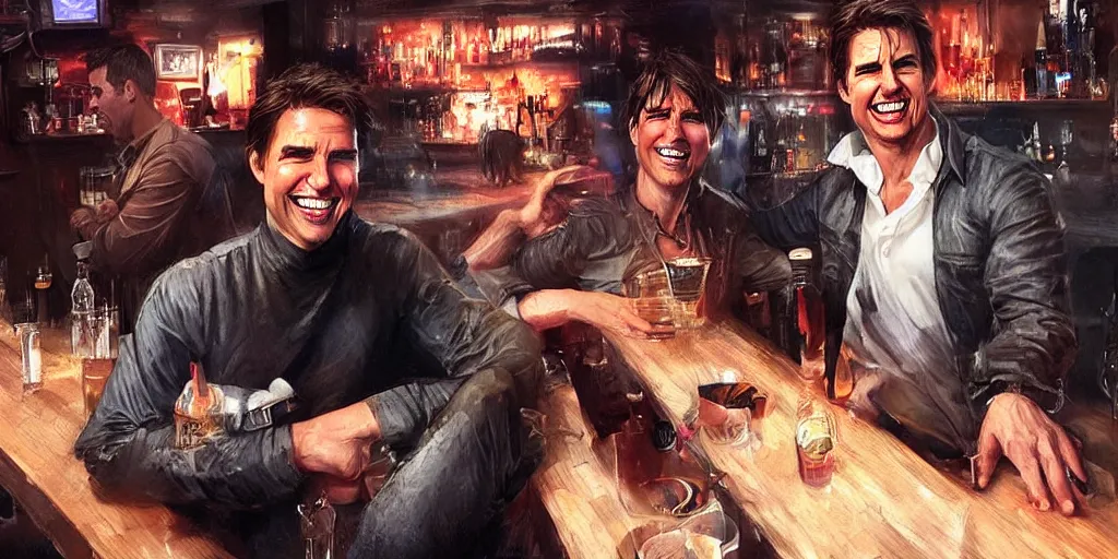 Image similar to hyper realistic tom cruise hanging out with tom cruise at a bar, all overly excited, jaw unhinged with laughter and smiling, all teeth, by greg rutkowski, scott m fischer, artgerm, loish, slight glow, atmospheric, anne stokes, alexandros pyromallis