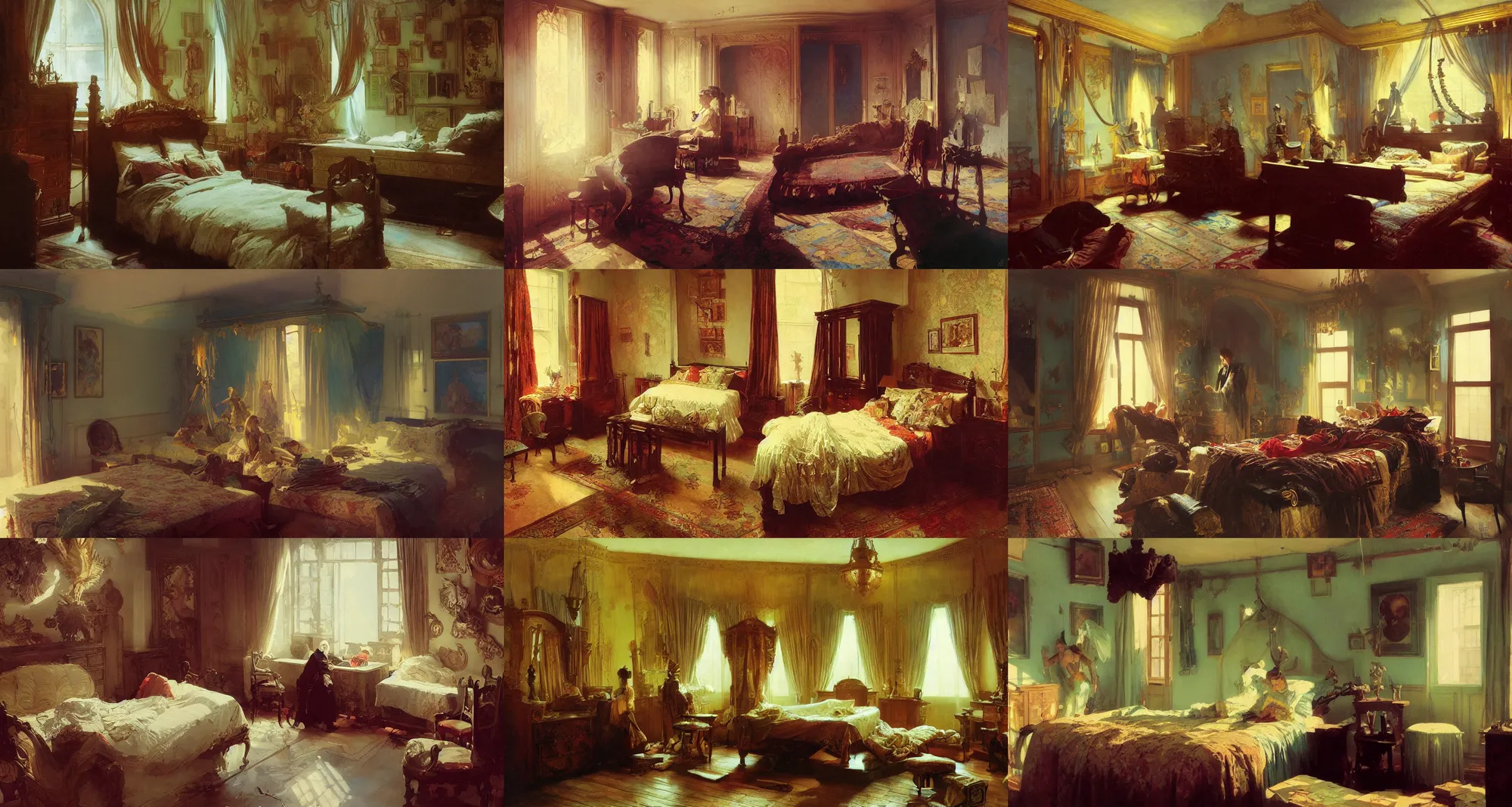 Prompt: bedroom, art by joseph leyendecker, ivan aivazovsky, ruan jia, reza afshar, marc simonetti, alphonse mucha