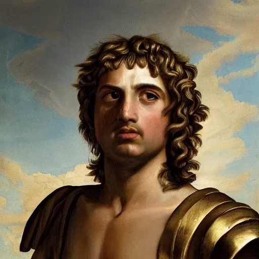 Image similar to A 17th century Baroque Painting of Alexander the Great, portrait of Alexander the Great, grainy, realistic, very realistic, hyperrealistic, highly detailed, very detailed, extremely detailed, very neat, very epic, very cool, detailed, trending on artstation