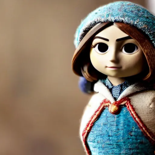 Image similar to jenna coleman figurine by pixar sad bokeh on wooden table.