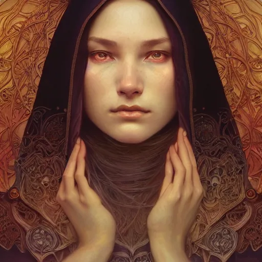 Prompt: Portrait of a young woman wearing a hooded robe, in a trance, intricate, elegant, highly detailed, digital painting, artstation, concept art, smooth, sharp focus, illustration, art by artgerm and greg rutkowski and alphonse mucha, by beksinski
