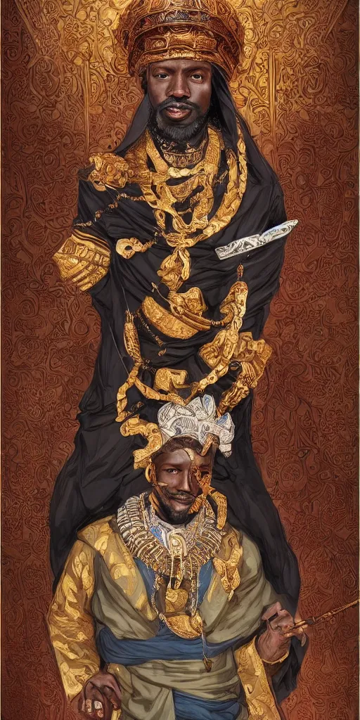 Image similar to a stunning and noble highly detailed romantic period style portrait of mansa musa by josep tapiro baro, by james jean, by kim jung gi, trending on artstation, oil painting masterpiece, symmetry, mysterious, very very very aesthetic, african iconography