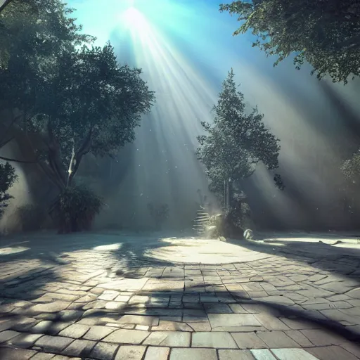 Image similar to long square!!!!, heaven, god rays, ray tracing, unreal engine, hyper realistic, fantastic art, highly detailed