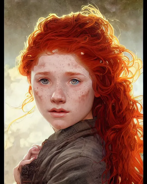 Image similar to portrait of 1 4 - year - old girl with flaming red hair, a lot of freckles, and bright brown eyes, wearing shirt, hyper realistic face, beautiful eyes, fantasy art, in the style of greg rutkowski, intricate, alphonse mucha, hyper detailed, smooth