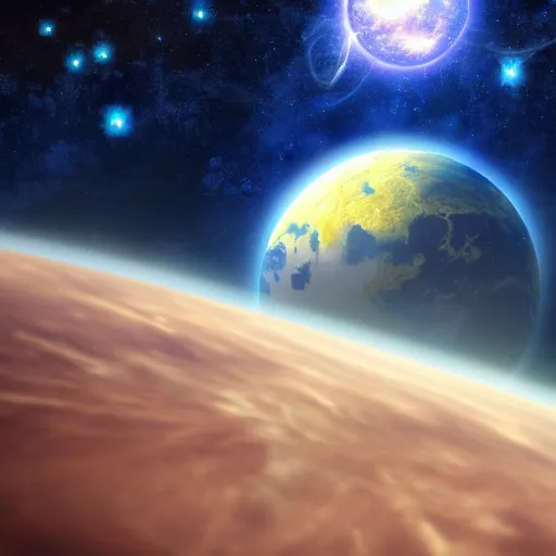 Image similar to anime style hd wallpaper of outer space, stars and a view of a mirrored planet