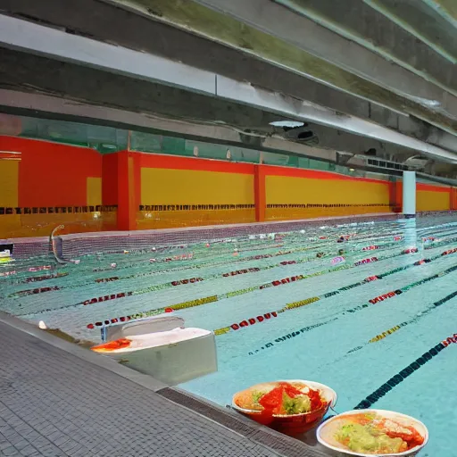 Image similar to highly detailed photo of a public pool filled with kimchi, trending on flickr