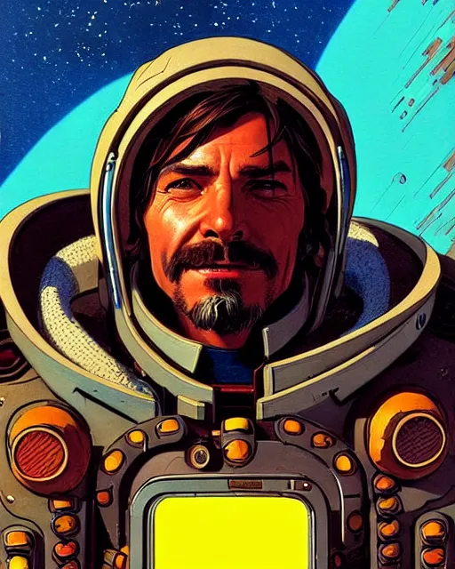 Prompt: mccree from overwatch, space suit, character portrait, portrait, close up, concept art, intricate details, highly detailed, vintage sci - fi poster, retro future, in the style of chris foss, rodger dean, moebius, michael whelan, and gustave dore